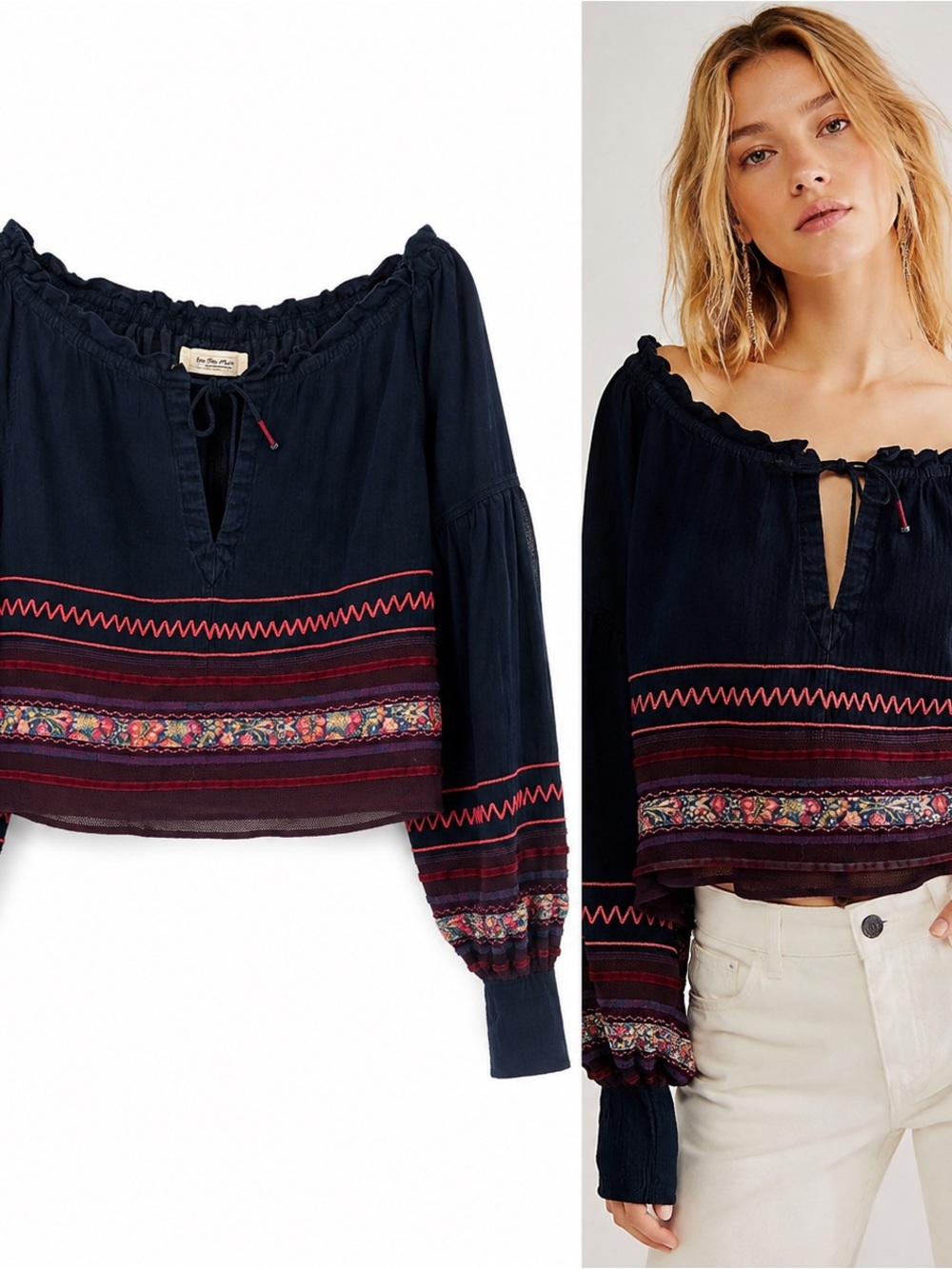 We The Free Navy Embroidered Peasant Top with Multicolor Accents